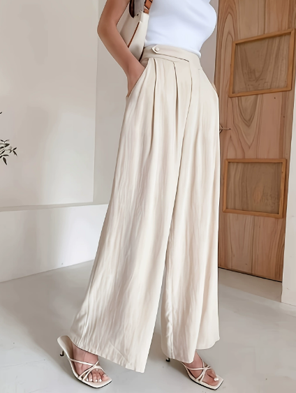 Beige High Rise Straight Leg Trousers in - by Malbusaat