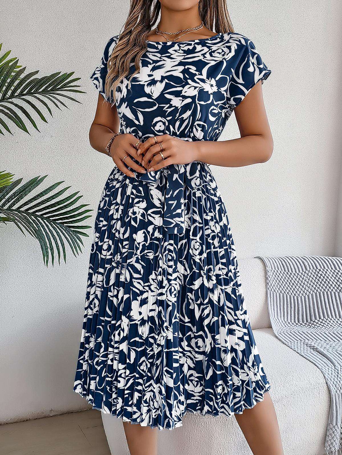 Elegant Floral Pleated Dress for Women in - by Malbusaat