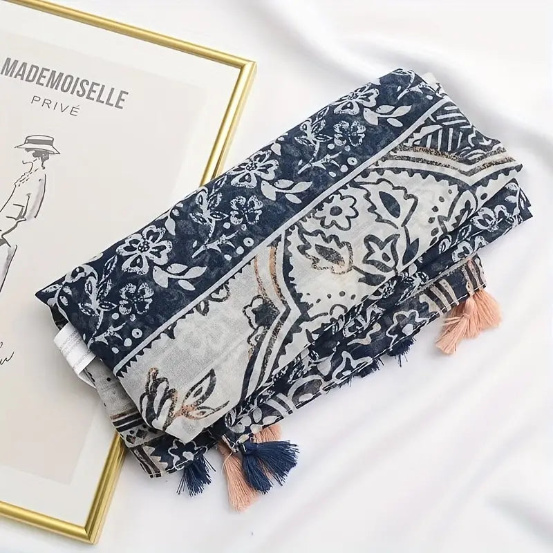 Vintage Floral Print Scarf, Boho Blue in - Scarves by Malbusaat