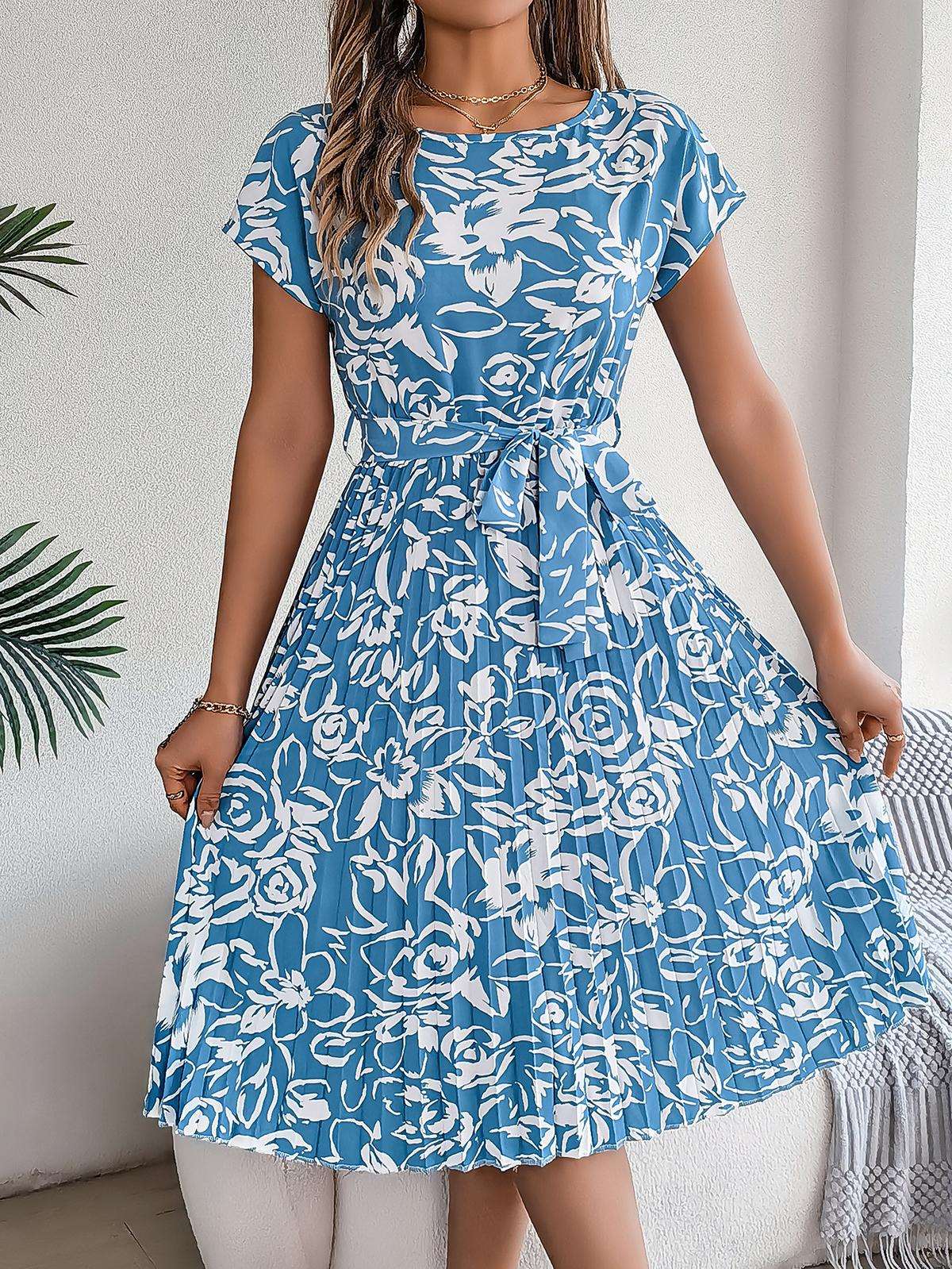 Elegant Floral Pleated Dress for Women in - by Malbusaat