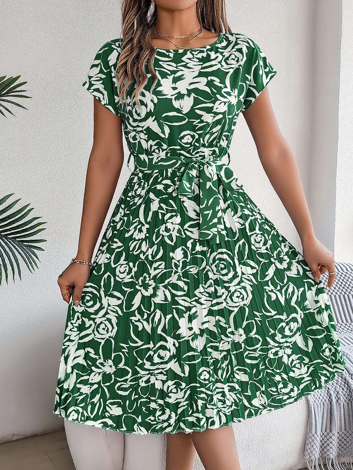 Elegant Floral Pleated Dress for Women in - by Malbusaat