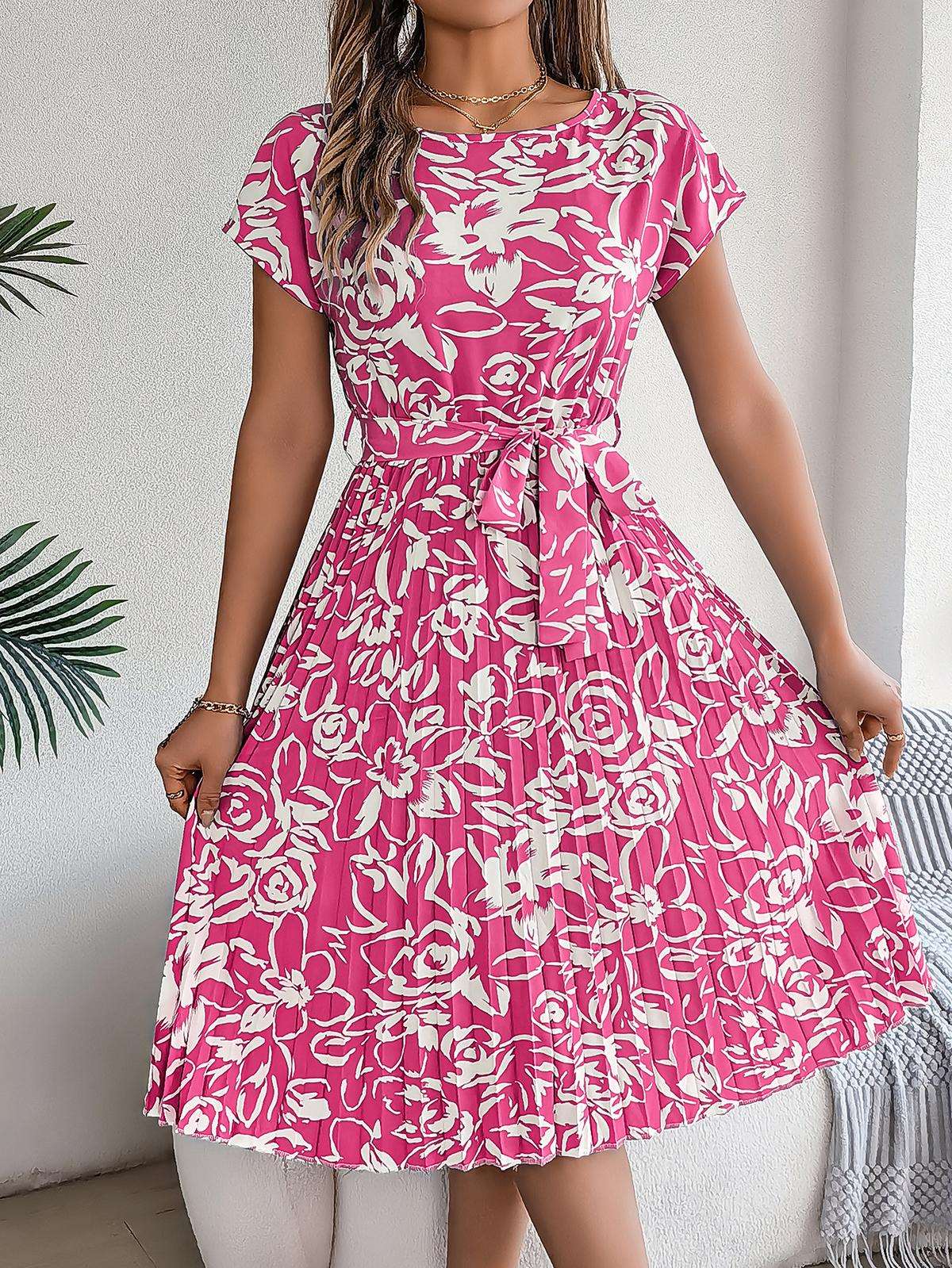 Elegant Floral Pleated Dress for Women in - by Malbusaat