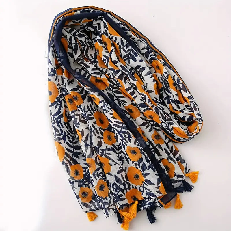 Navy Blue Boho Printed Scarf, Stylish in - Scarves by Malbusaat