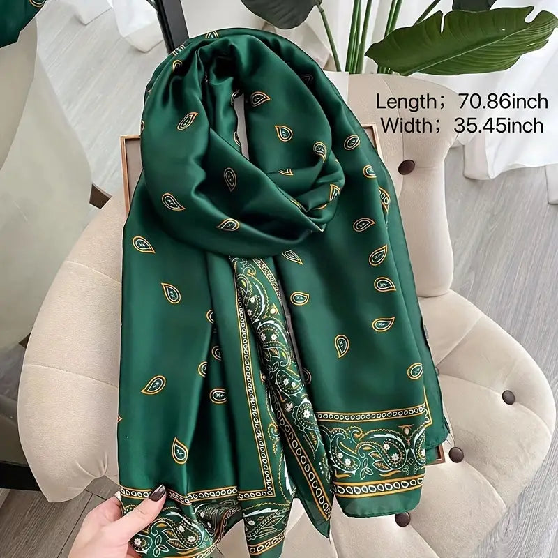 Green Paisley Print Satin Shawl, Elegant in - Scarves by Malbusaat