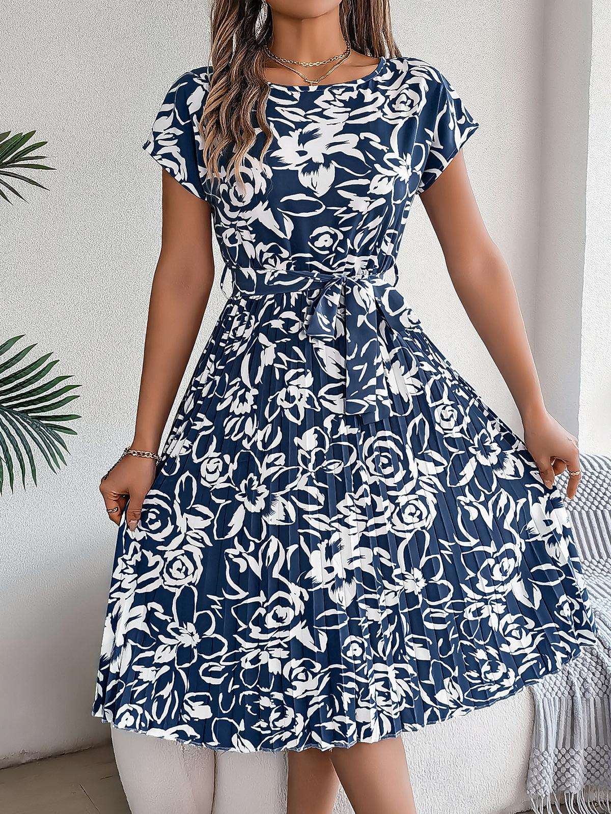 Elegant Floral Pleated Dress for Women in - by Malbusaat