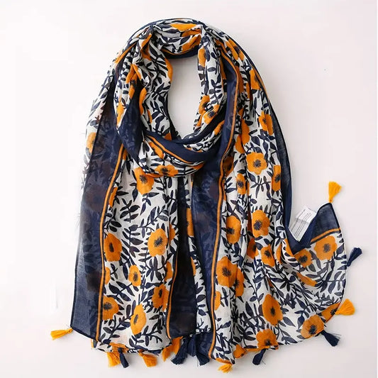 Navy Blue Boho Printed Scarf, Stylish in - Scarves by Malbusaat
