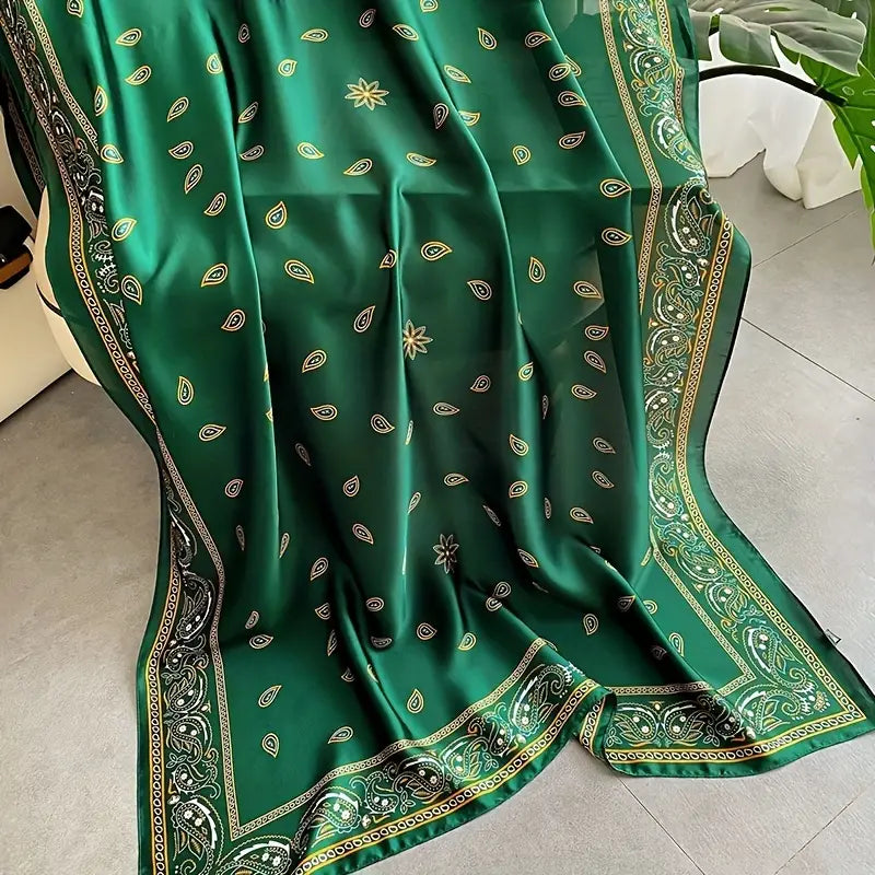 Green Paisley Print Satin Shawl, Elegant in - Scarves by Malbusaat