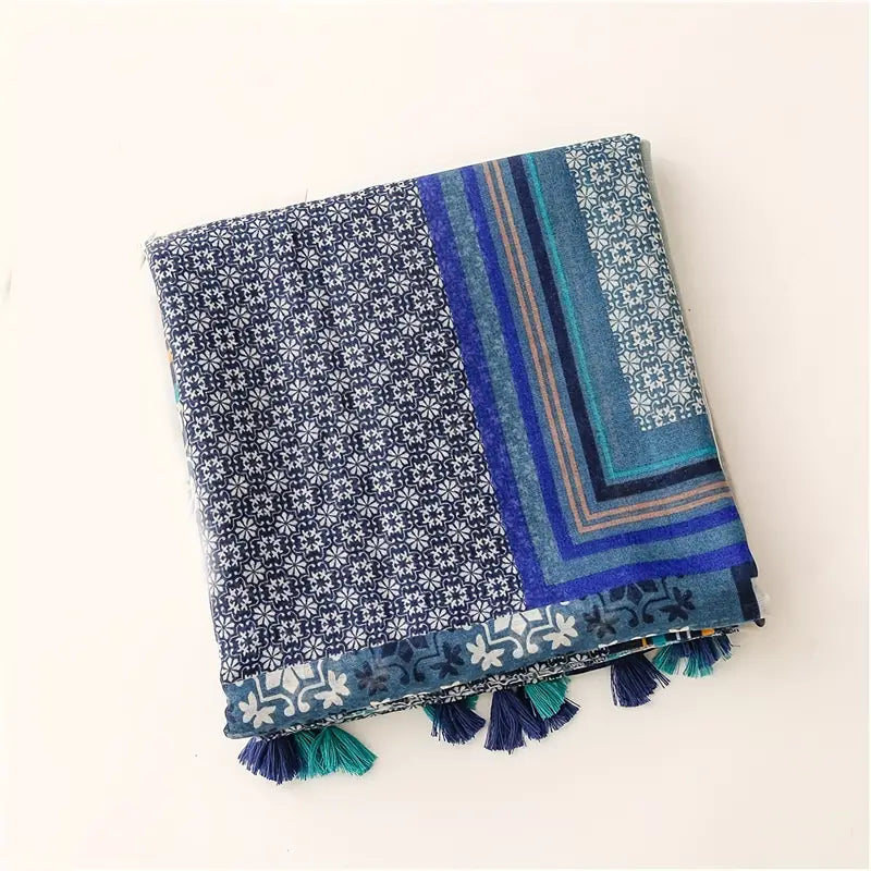 Boho Striped Print Scarf, Red/Blue Tassel Shawl in - Scarves by Malbusaat