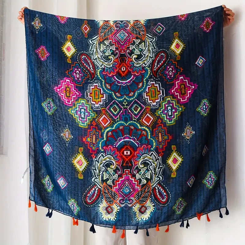 Vintage Geometric Printed Scarf, Breathable Shawl in - Scarves by Malbusaat