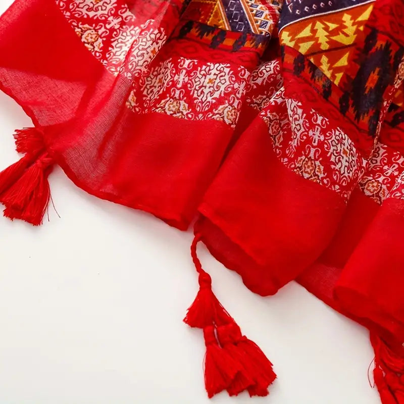 Boho Vintage Printed Bali Yarn Scarf, Red Shawl in - Scarves by Malbusaat