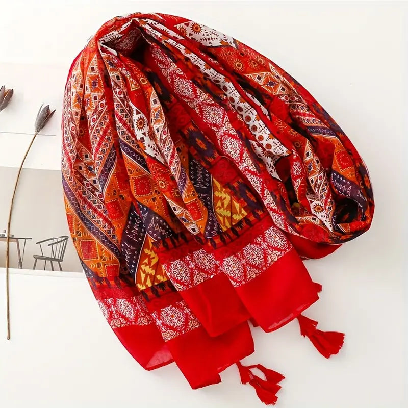 Boho Vintage Printed Bali Yarn Scarf, Red Shawl in - Scarves by Malbusaat