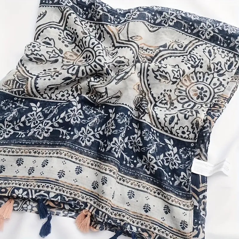 Vintage Floral Print Scarf, Boho Blue in - Scarves by Malbusaat