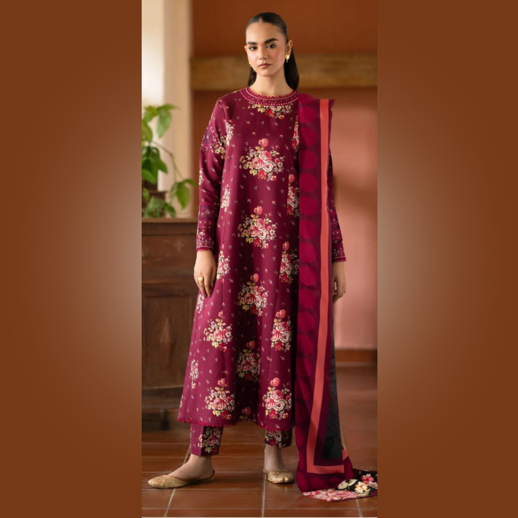 Burgundy Floral Digital Printed Khaddar 3 Piece Suit