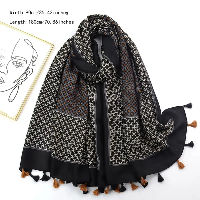 Double-sided Vintage Plaid Tassel Scarf, Black in - Scarves by Malbusaat