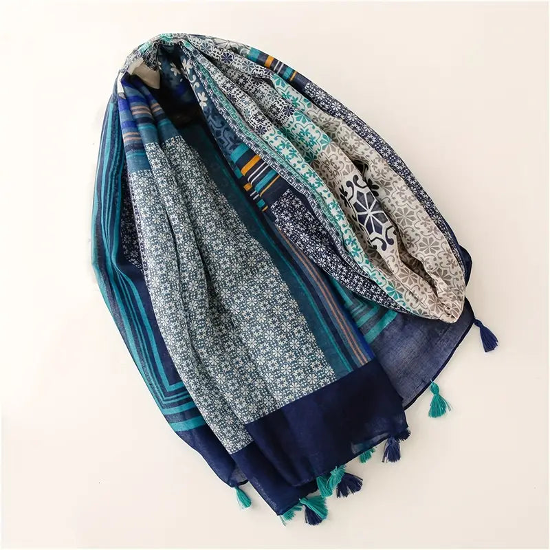 Boho Striped Print Scarf, Red/Blue Tassel Shawl in - Scarves by Malbusaat