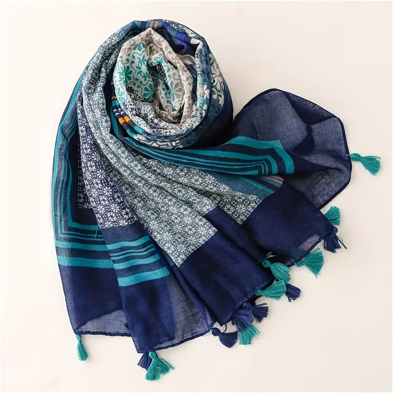 Boho Striped Print Scarf, Red/Blue Tassel Shawl in - Scarves by Malbusaat