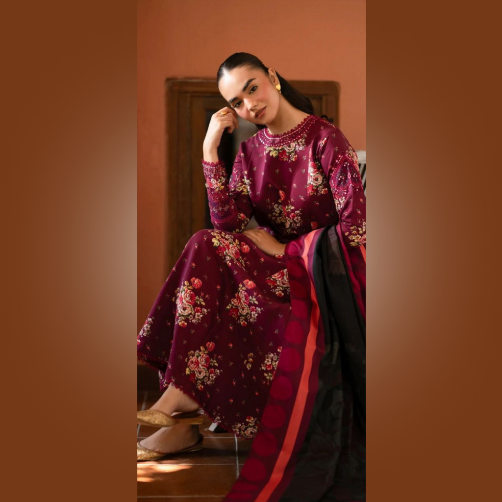 Burgundy Floral Digital Printed Khaddar 3 Piece Suit