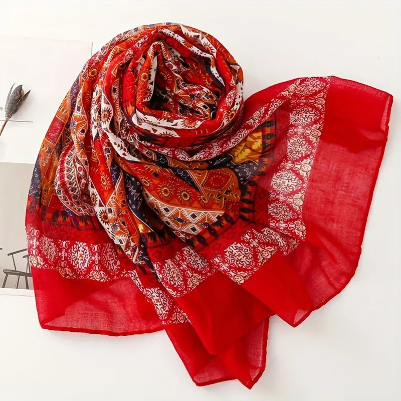 Boho Vintage Printed Bali Yarn Scarf, Red Shawl in - Scarves by Malbusaat