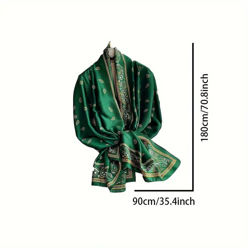 Paisley Printed Chiffon Scarf, Smooth Satin Shawl, Green in - Scarves by Malbusaat