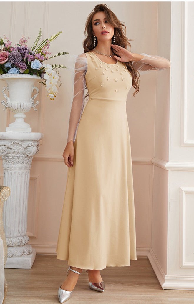 Apricot Embroidered Mesh Maxi Dress in - by Malbusaat