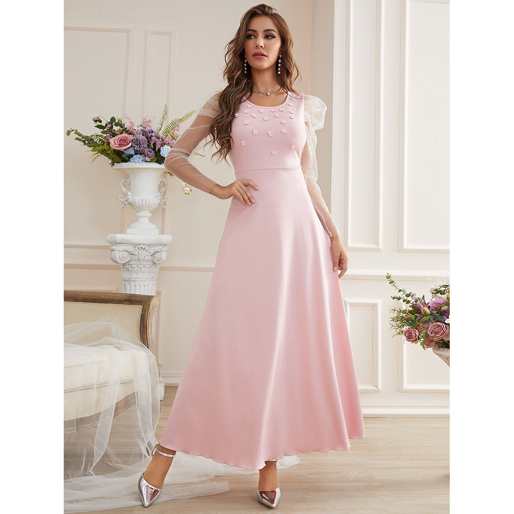 Apricot Embroidered Mesh Maxi Dress in Pink - by Malbusaat