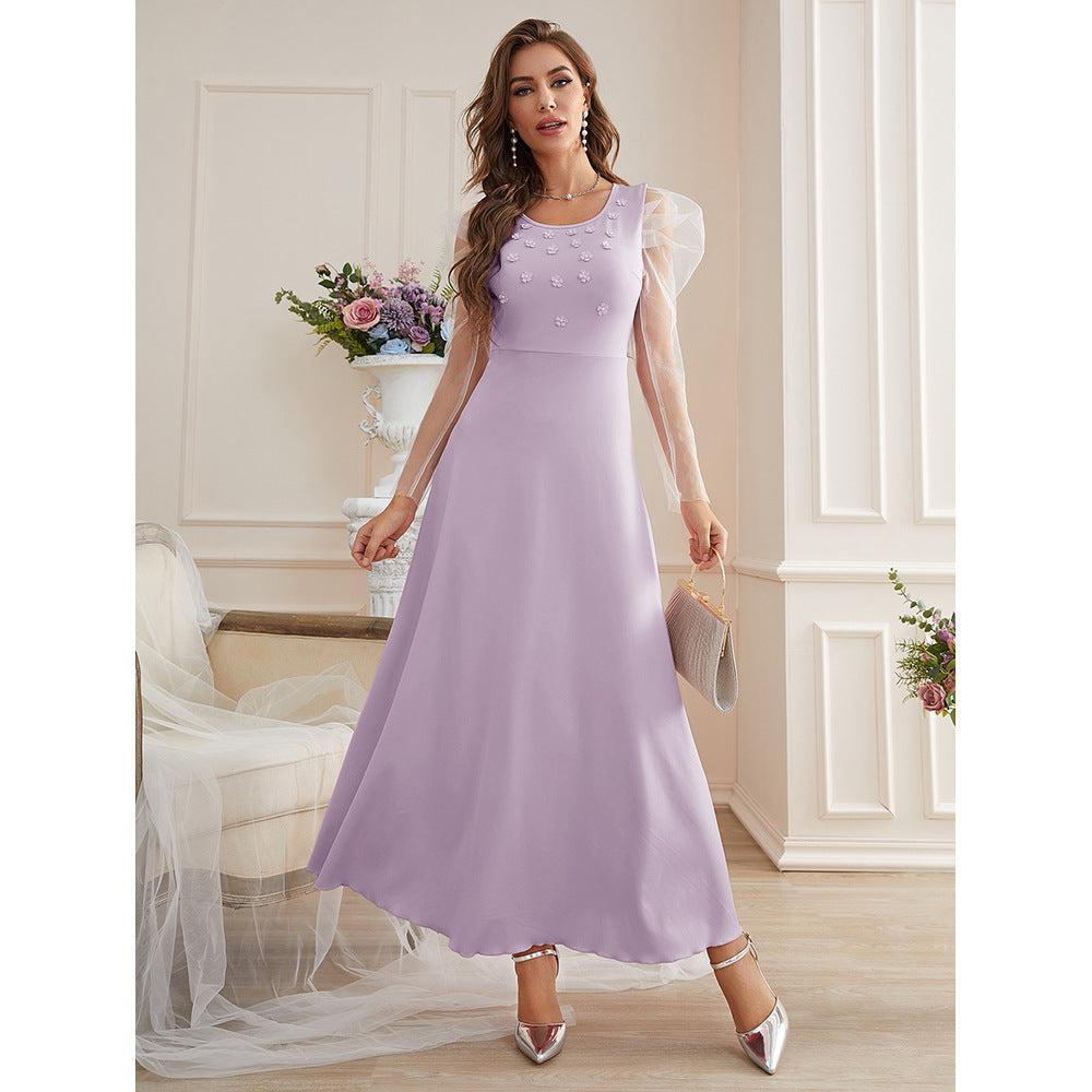 Apricot Embroidered Mesh Maxi Dress in Lavender Purple - by Malbusaat