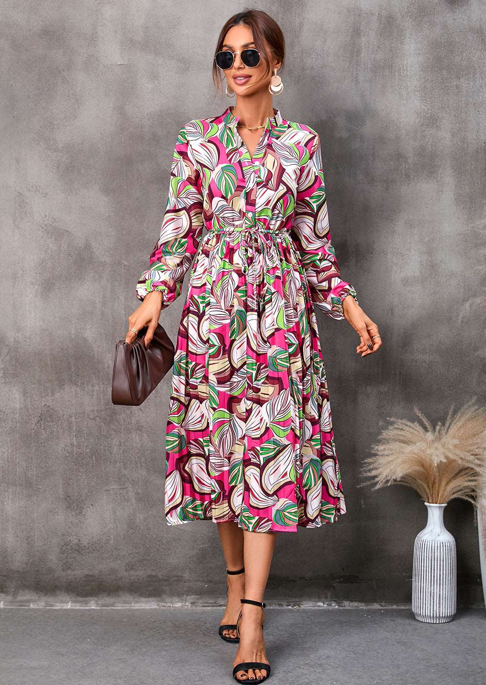 Autumn Leaves Mid Length Dress in Red - by Malbusaat