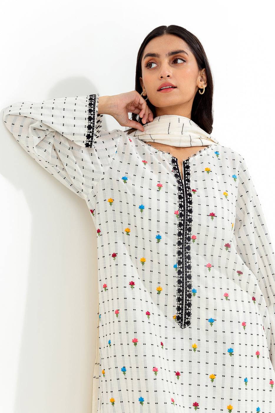 3 Piece Embroidered Jacquard Suit (Pret) - Off White in - Pakistani Dress by Malbusaat