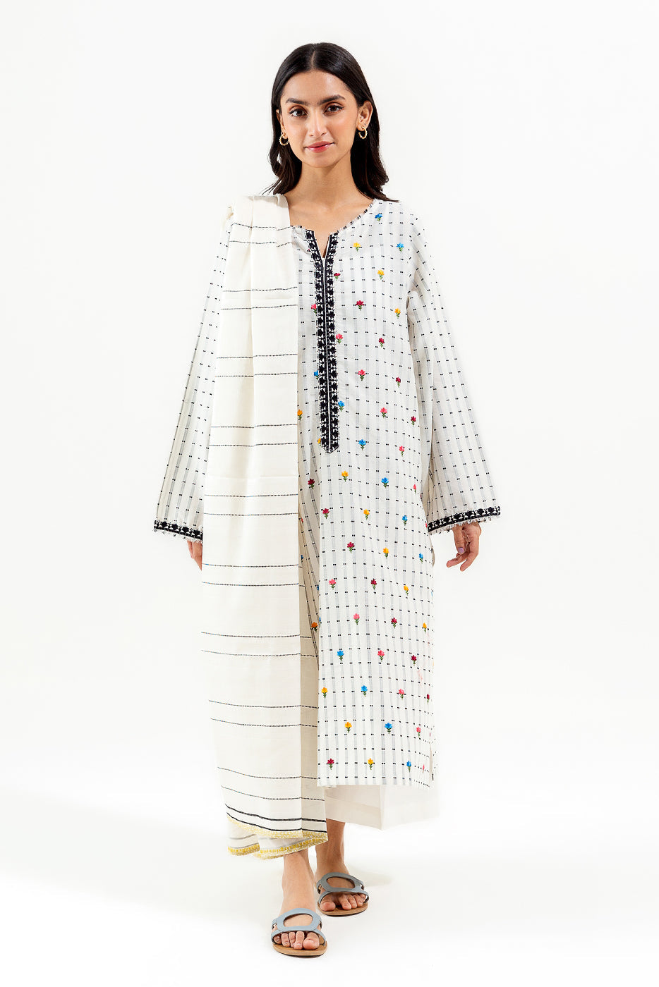 3 Piece Embroidered Jacquard Suit (Pret) - Off White in - Pakistani Dress by Malbusaat