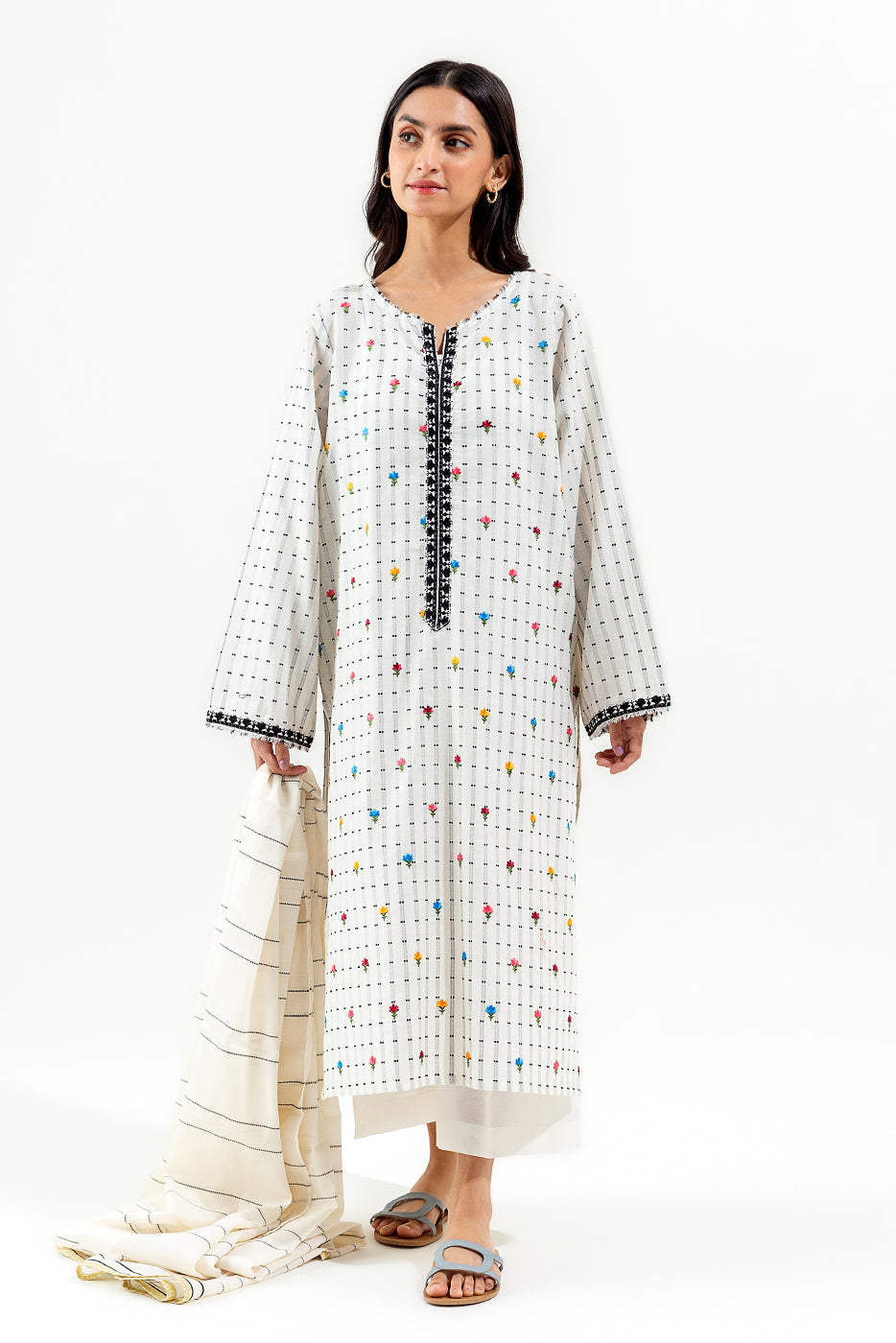 3 Piece Embroidered Jacquard Suit (Pret) - Off White in - Pakistani Dress by Malbusaat