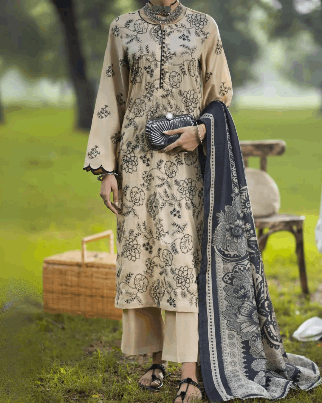 Beige Linen 3-Piece Dress in - Pakistani Dresses by Malbusaat