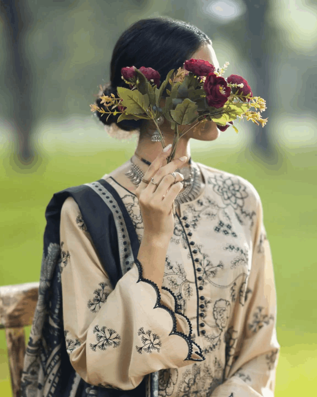 Beige Linen 3-Piece Dress in - Pakistani Dresses by Malbusaat