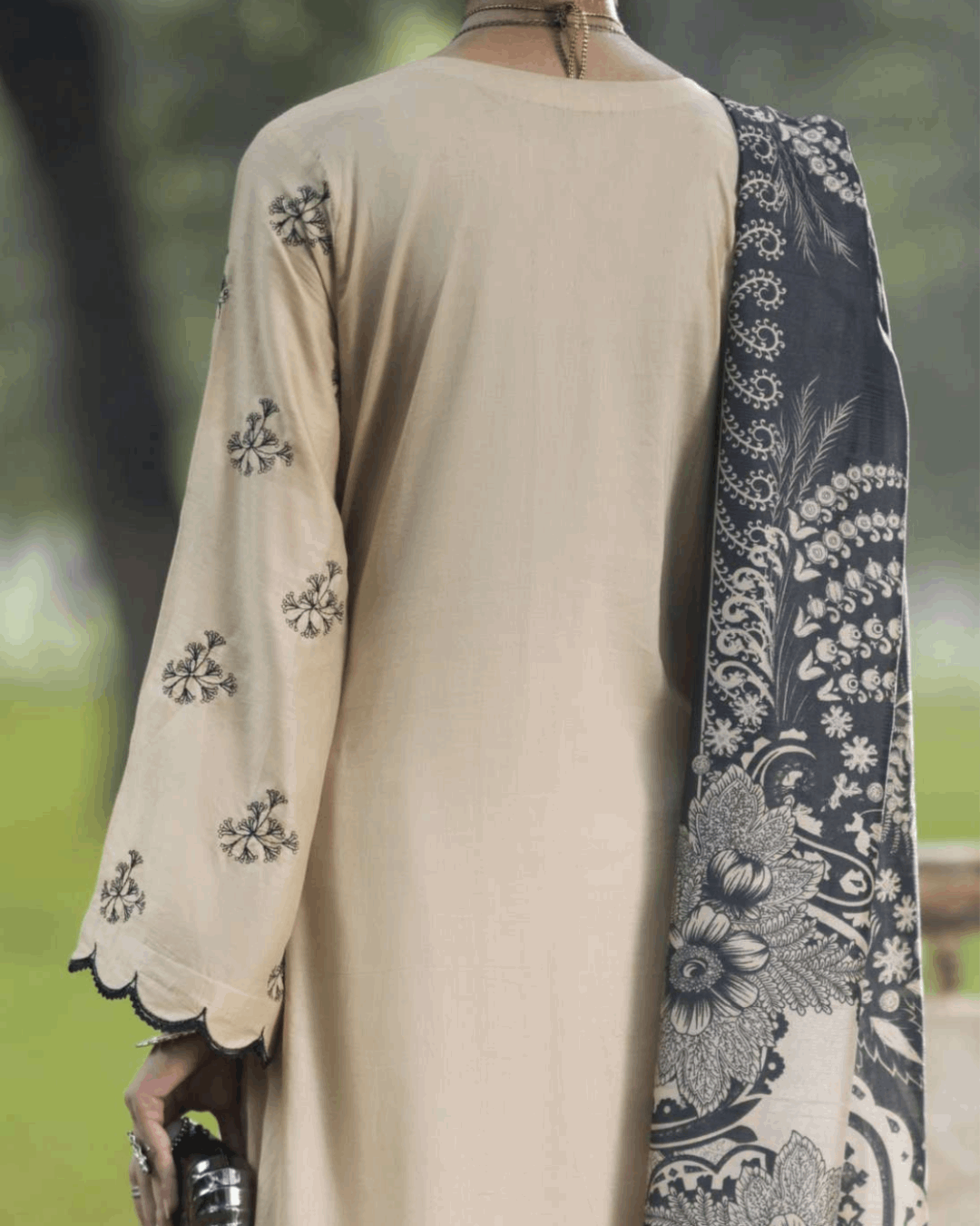 Beige Linen 3-Piece Dress in - Pakistani Dresses by Malbusaat