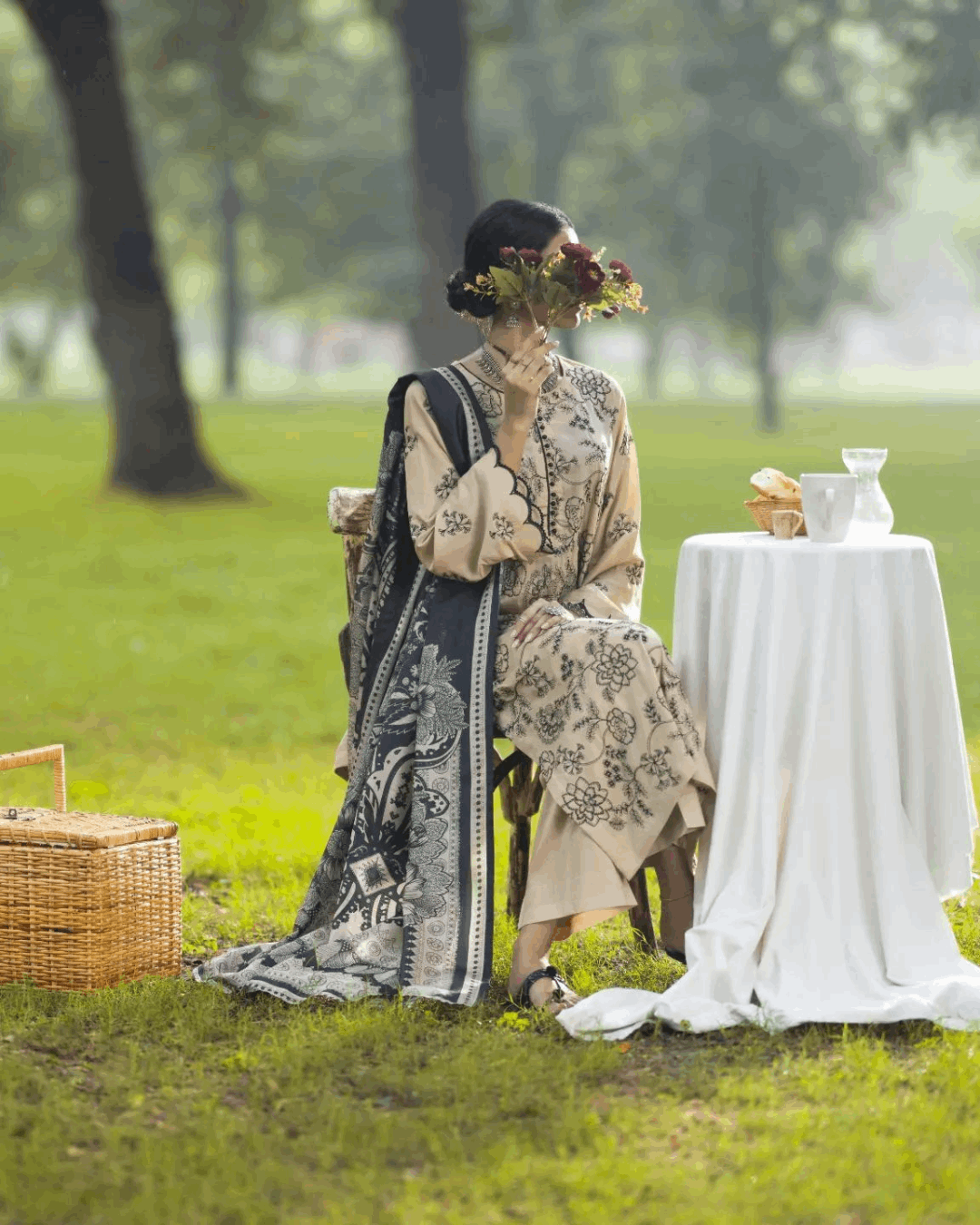 Beige Linen 3-Piece Dress in - Pakistani Dresses by Malbusaat