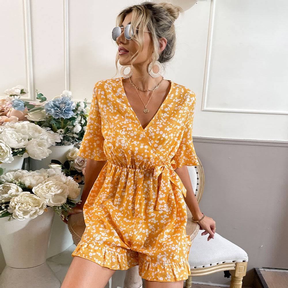 Bell Sleeve Lace-up One-Piece Jumpsuit in Multi-1 - by Malbusaat