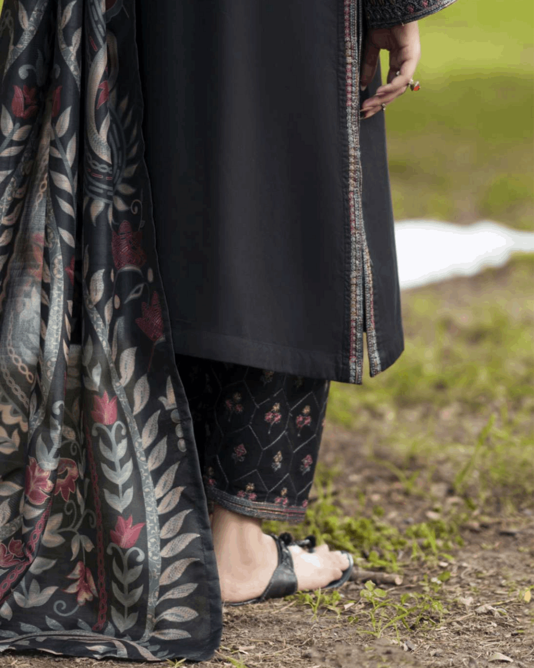 Black Linen 3PC Suit in - Pakistani Dresses by Malbusaat