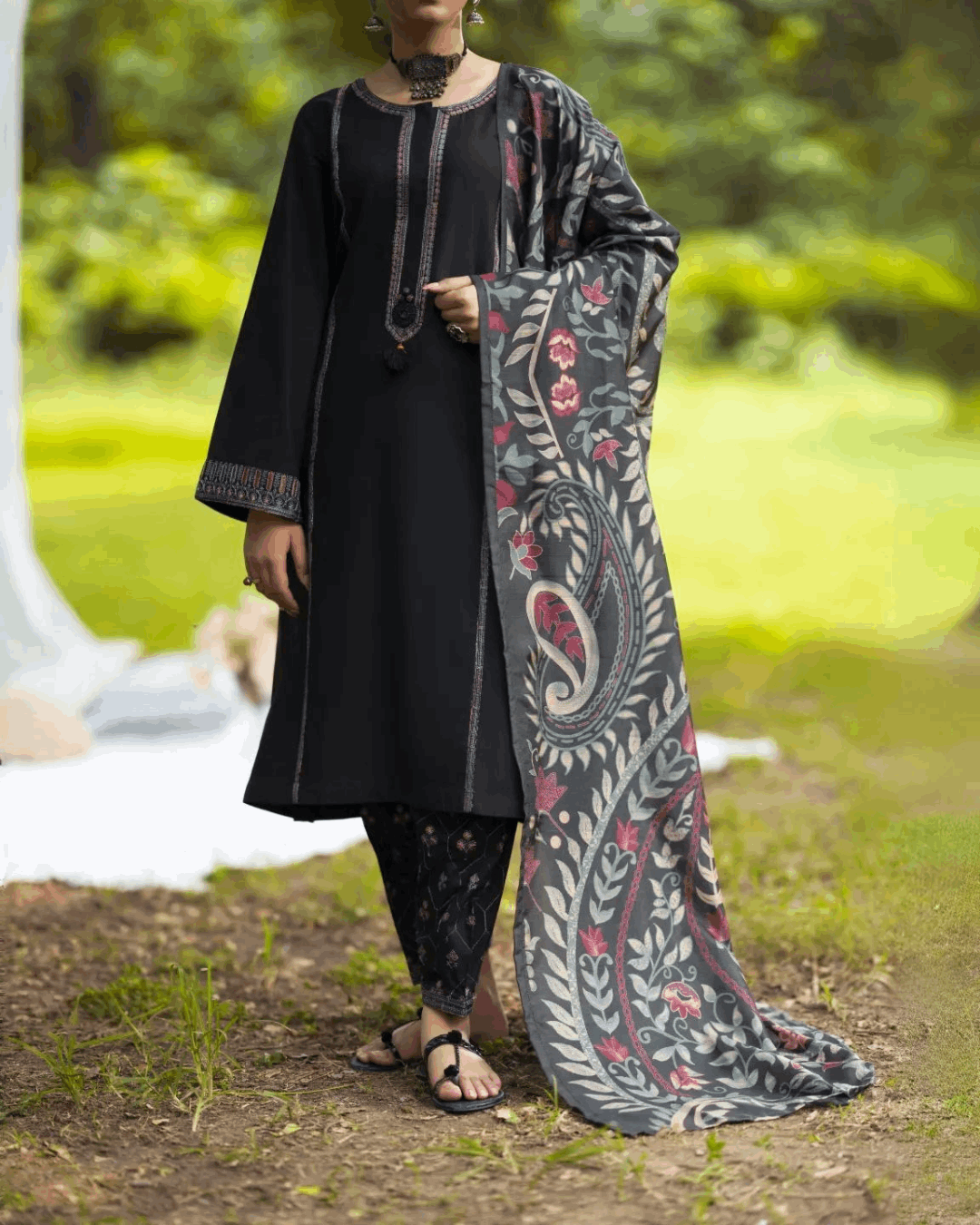 Black Linen 3PC Suit in - Pakistani Dresses by Malbusaat