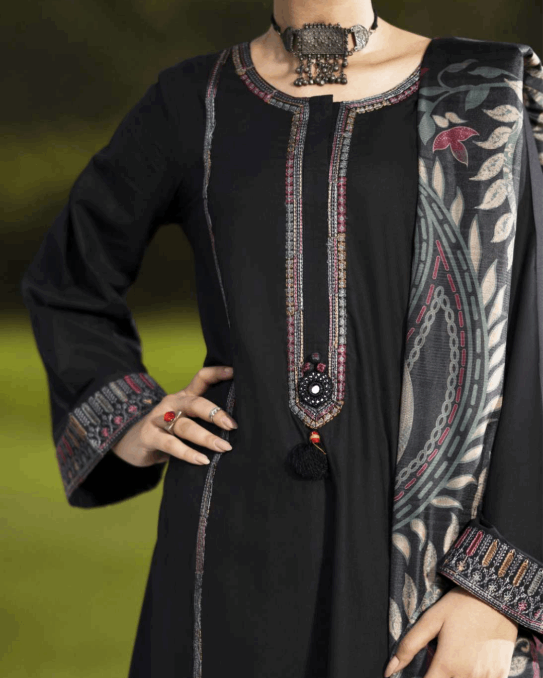 Black Linen 3PC Suit in - Pakistani Dresses by Malbusaat