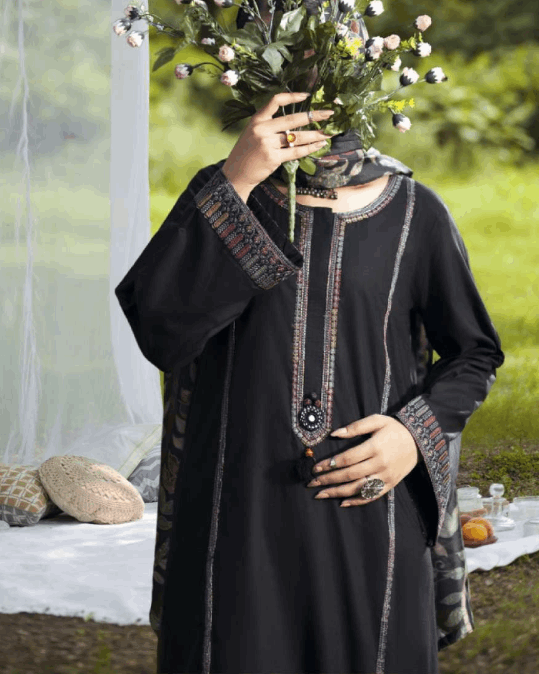Black Linen 3PC Suit in - Pakistani Dresses by Malbusaat