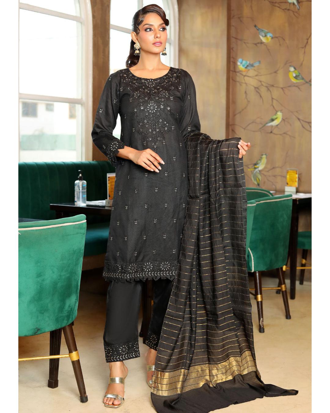 Black Readymade Khadi Net Suit in Black - by Malbusaat