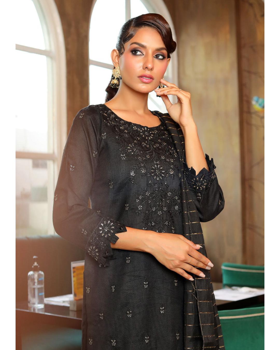 Black Readymade Khadi Net Suit in - by Malbusaat