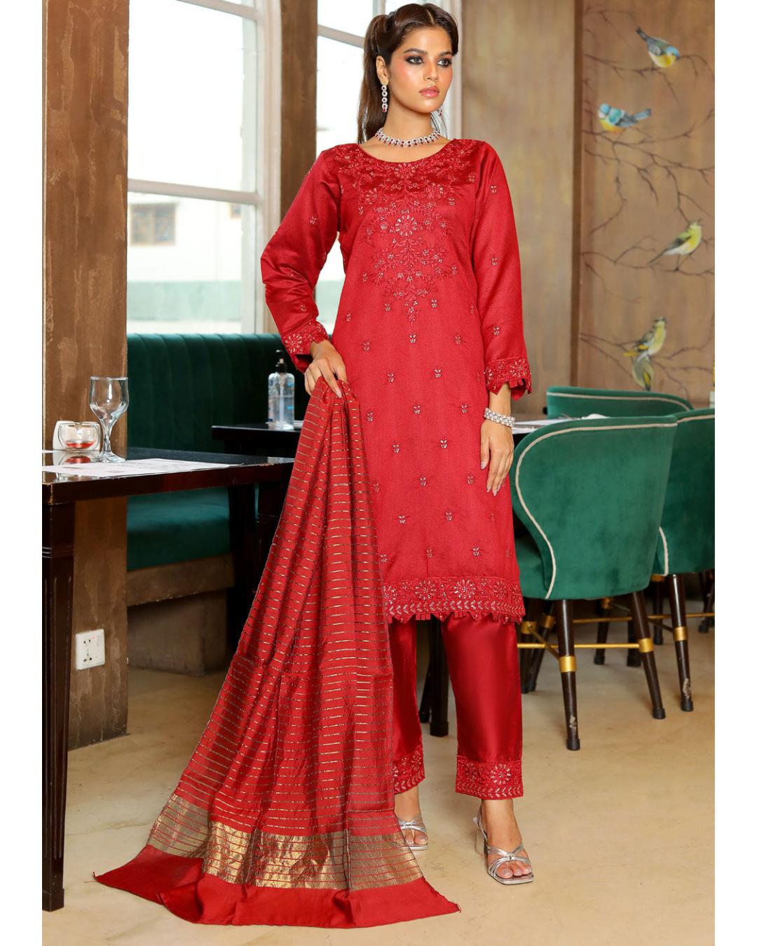Black Readymade Khadi Net Suit in Red - by Malbusaat