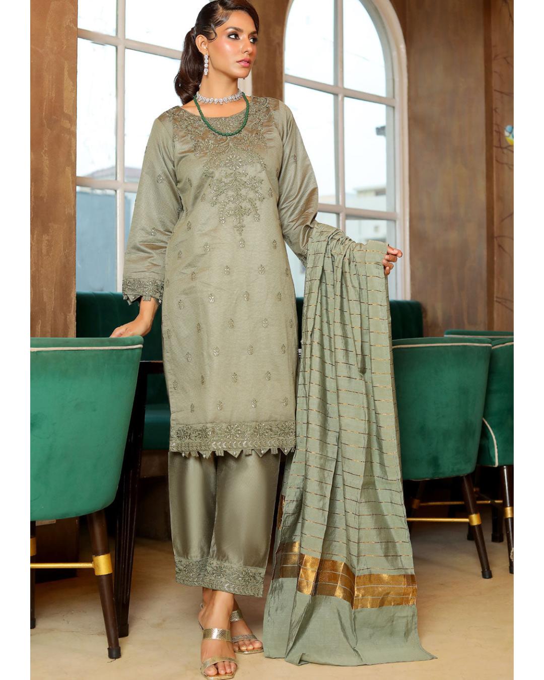 Black Readymade Khadi Net Suit in Olive - by Malbusaat