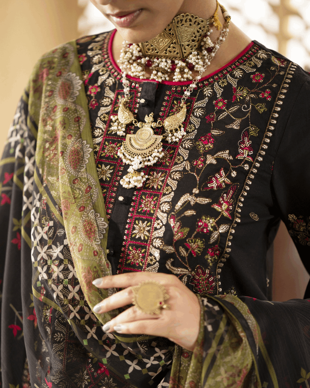 Black and Green Traditional Suit in - Pakistani Dresses by Malbusaat