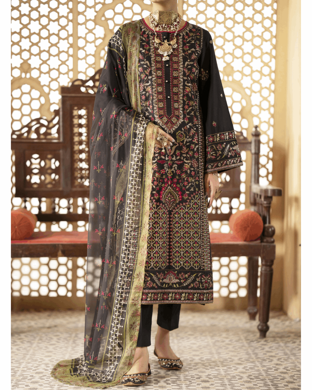 Black and Green Traditional Suit in - Pakistani Dresses by Malbusaat