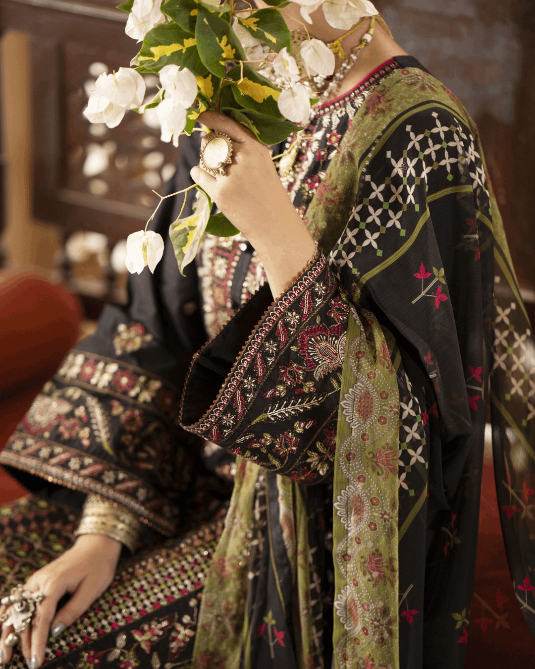 Black and Green Traditional Suit in - Pakistani Dresses by Malbusaat