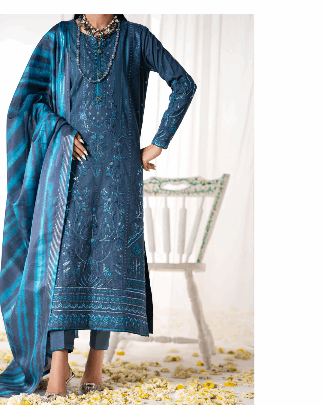 Blue Ethnic Set with Matching Dupatta in - Pakistani Dresses by Malbusaat