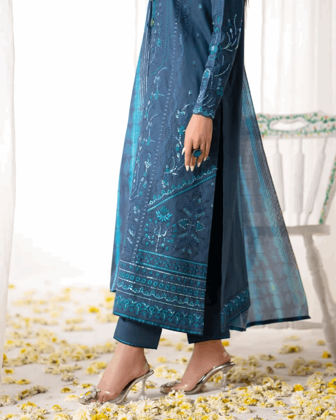 Blue Ethnic Set with Matching Dupatta in - Pakistani Dresses by Malbusaat