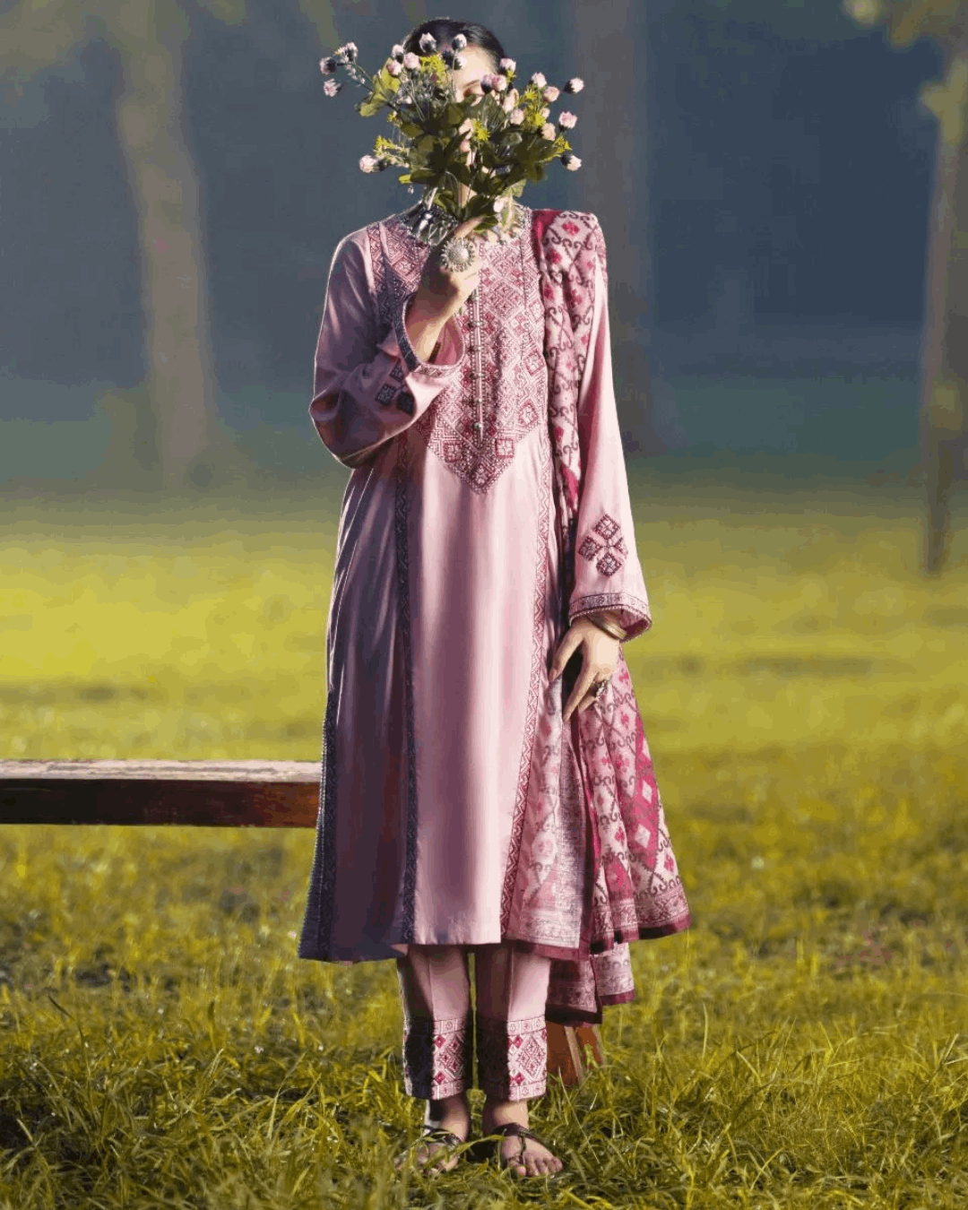 Blush Pink 3-Piece Linen Dress in - Pakistani Dresses by Malbusaat