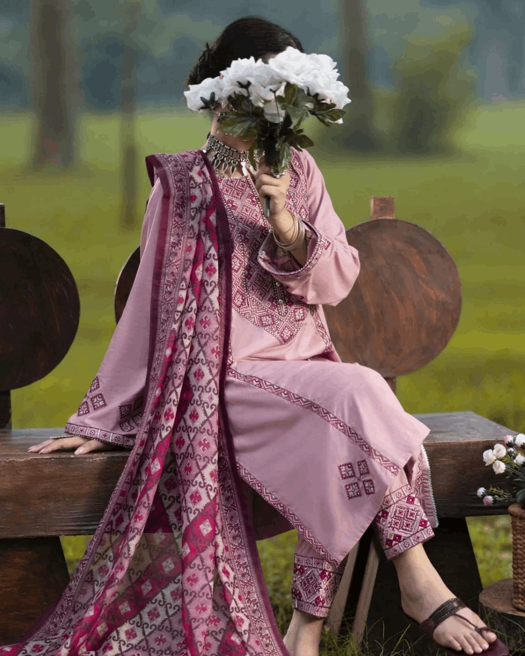 Blush Pink 3-Piece Linen Dress in - Pakistani Dresses by Malbusaat